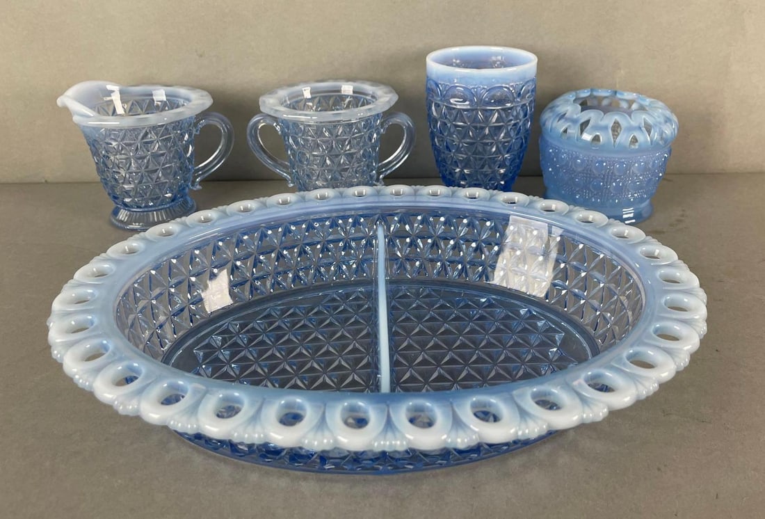 Group of 5 Vintage Blue Opalescent Glass Serving Dishes (1 of 4)