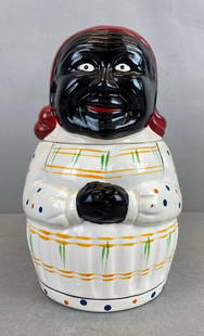 Black Americana Porcelain Cookie Jar: Needs cleaning, measures 10 3/4 x 6 1/2 x 6 inches