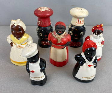 Group of 7 Black Americana Salt and Pepper Shakers: paint chipping and discoloration throughout, largest in back row each measures 5 x 2 1/4 x 2 1/4 inches