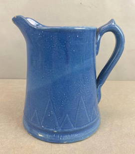 Whitehall IL Blue Sawtooth Stoneware Pitcher: No makers mark shown, Some chips throughout, measures 8 1/2 x 8 1/2 x 6 1/2 inches