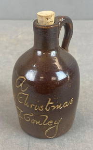 Antique Stoneware Christmas Gift Jug: Message carved into face of jug, measures 4 x 2 x 2 1/4 inches