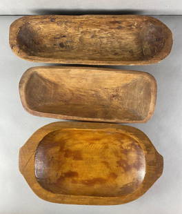 Group of 3 Vintage Primitive Wood Trencher Dough Bowls: Largest measures 19 1/4 x 10 3/4 x 2 3/4 inches