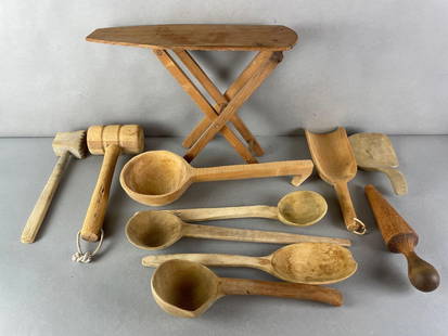 Group of 11 Primitive Wood Tools: Includes folding ironing board, mallets, scoops, and ladles. Ironing board measures 12 x 15 3/4 x 5 inches open