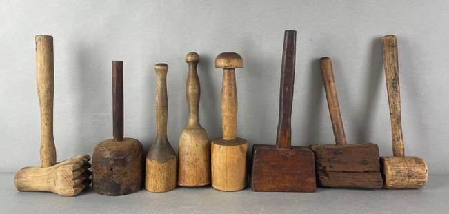 Group of 8 Primitive Wood Mallets: Includes carving mallets, meat tenderizer, various wood. Largest measures 12 1/2 x 5 x 3 inches