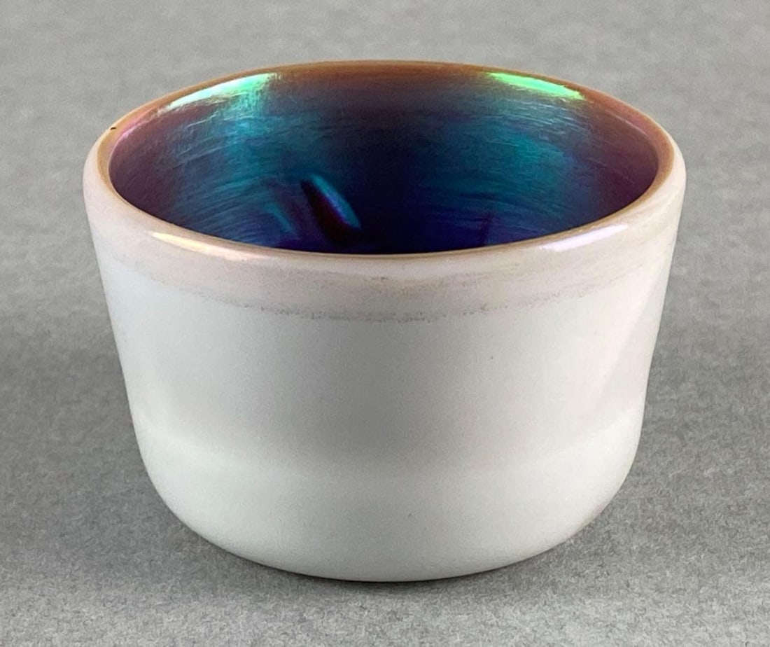 Lotton NOSC Sample Miniature Iridescent Cobalt Glass Bowl: Makers mark on base, Measures 1 1/4 x 1 3/4 x 1 3/4 inches.