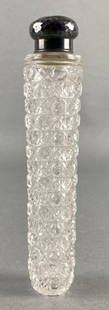 Antique Gorham Clear Cut Crystal Perfume Bottle: With hammered sterling silver top, Screw top, Small dent in top, Measures 7 x 1 3/4 x 1 3/4 inches.