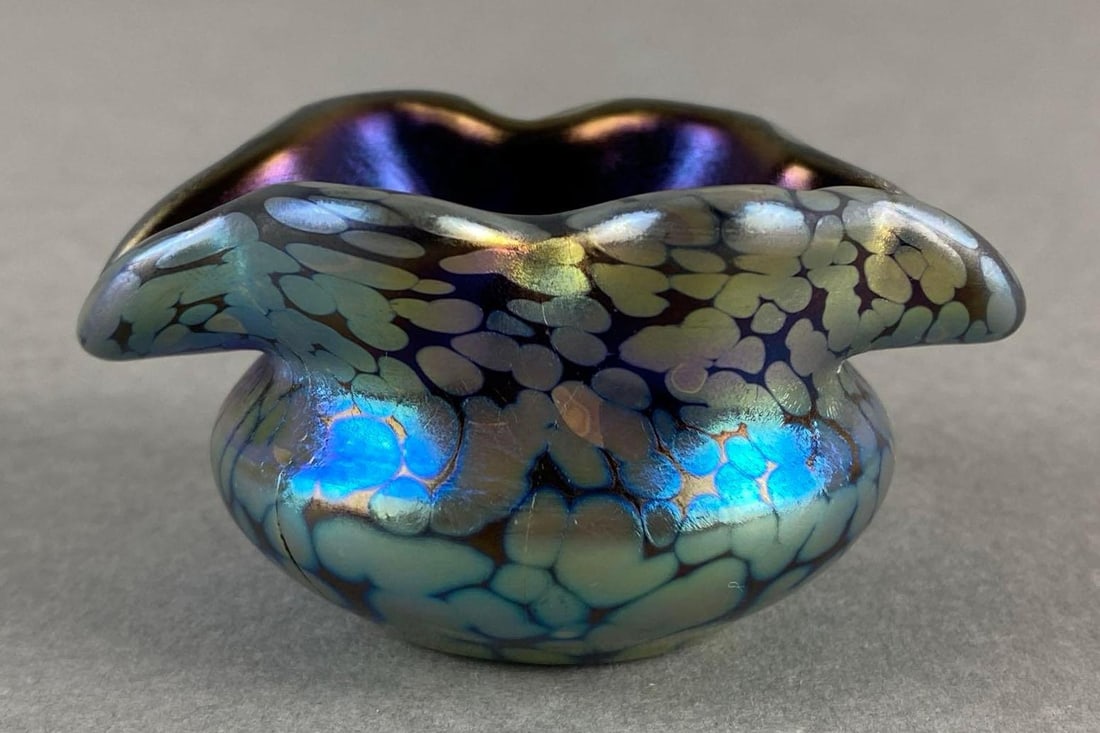 Loetz Cobalt Folded Rim Oil Spot Glass Salt: Measures 1 1/4 x 2 3/4 x 2 inches.