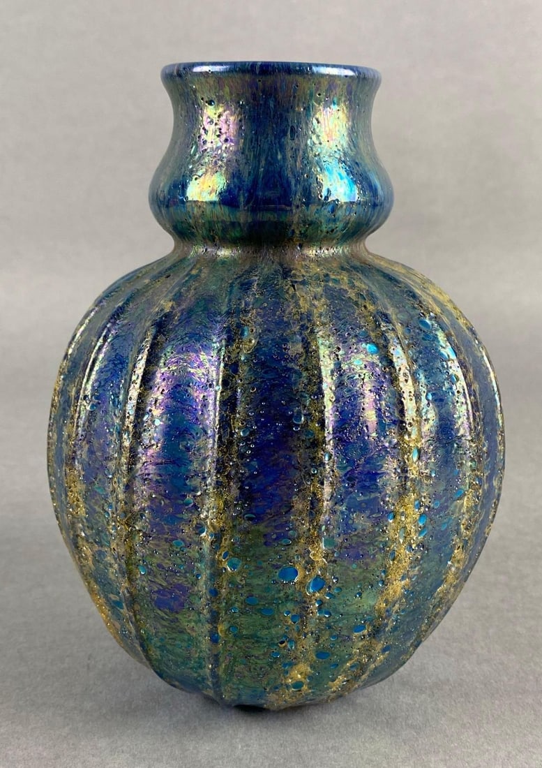 Smallhart Signed Iridescent Blue Volcanic Textured Glass Vase (1 of 7)