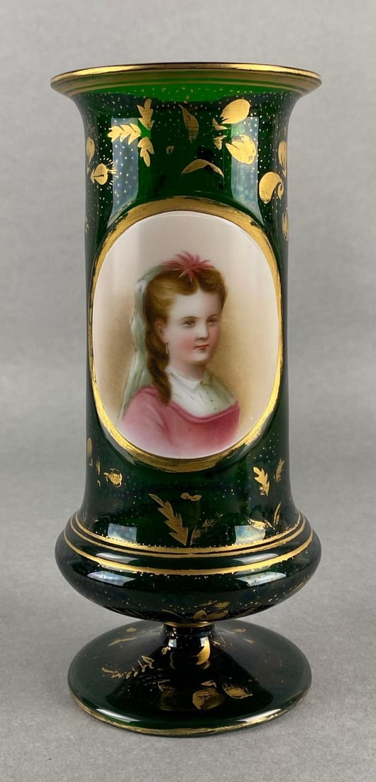Moser Gold Gilt Green Glass Pedestal Vase with Portrait Insert (1 of 6)