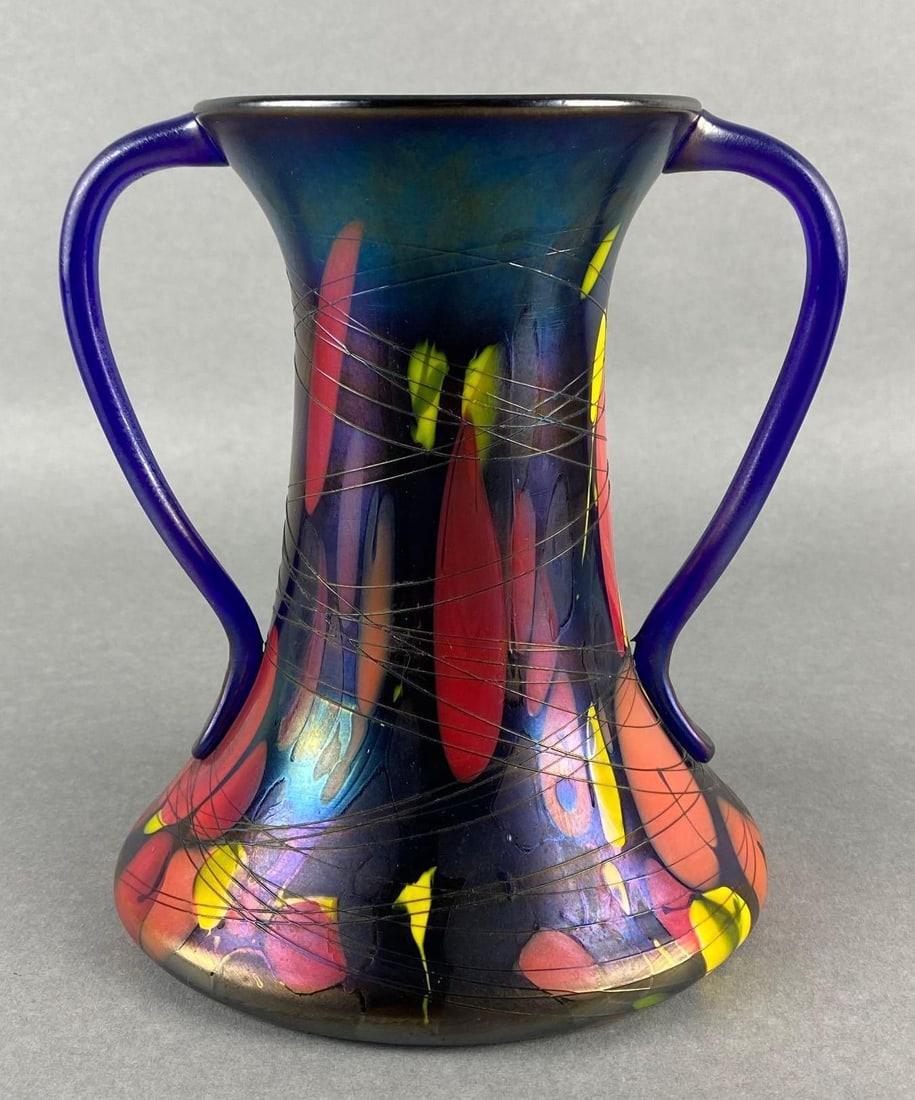 Fenton Mosiac Art Glass Vase with Applied Cobalt Glass Handles (1 of 6)