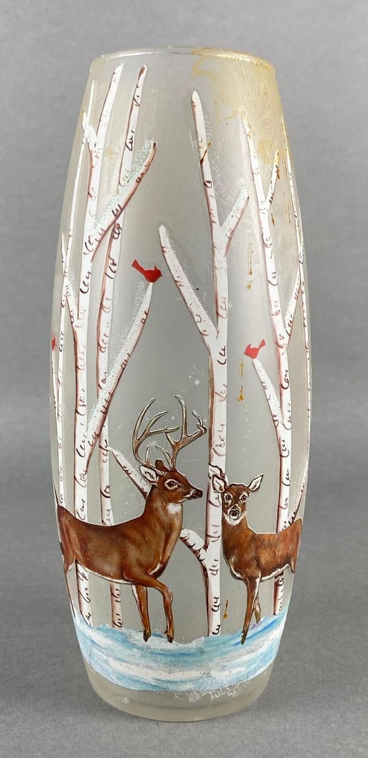Winter Deer and Cardinals Frosted Glass Cylinder Glass Vase: Needs cleaning, Some staining throughout, Measures 9 3/4 x 4 1/4 x 4 1/4 inches.