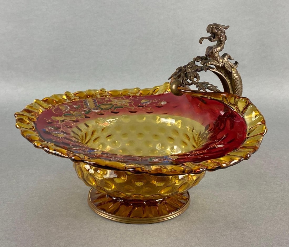 Moser Style Amberina Coin Dot Glass Pedestal Bowl with Cast Metal Dragon Handle (1 of 7)