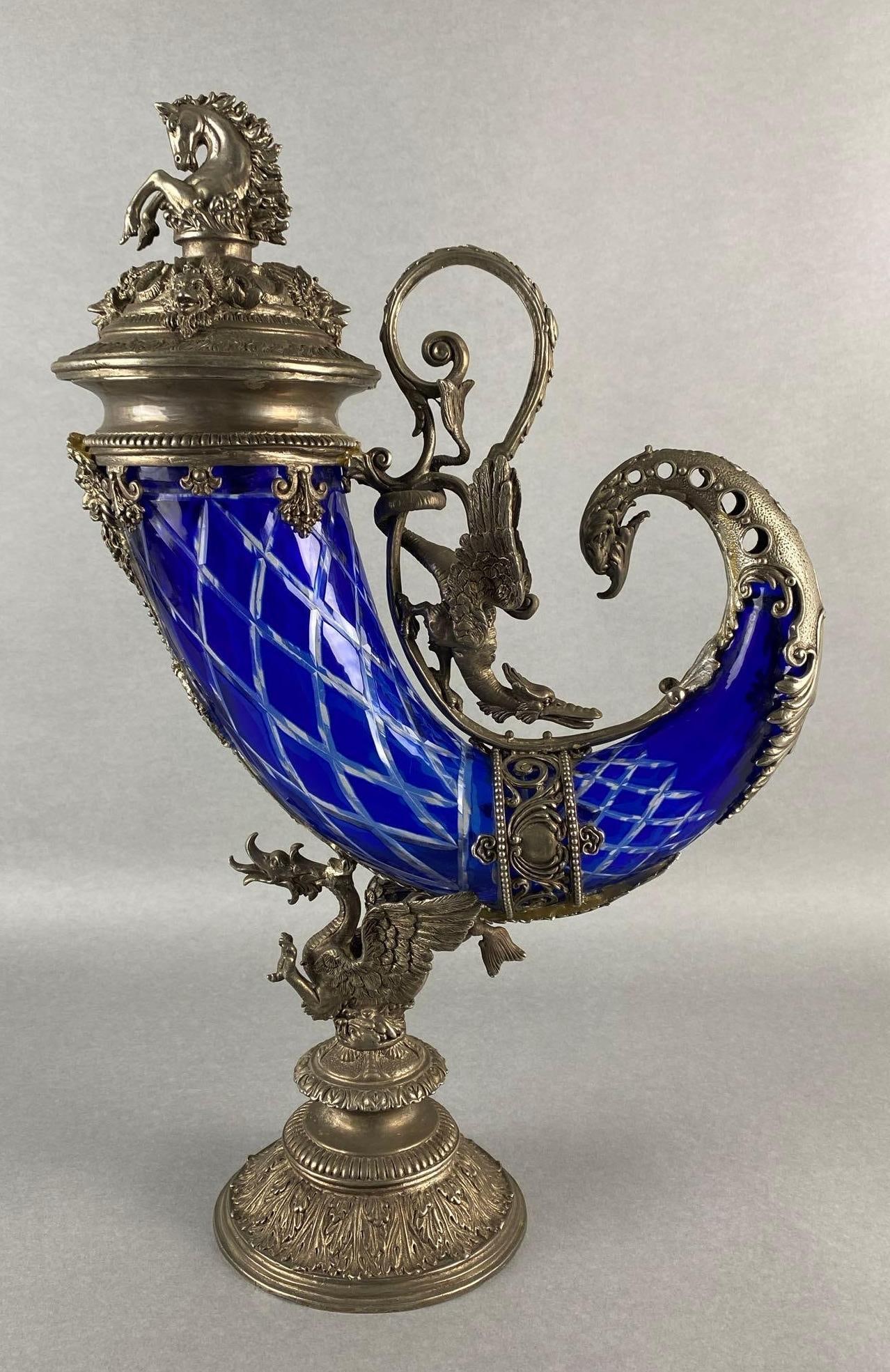 Austrian Cobalt Cut to Clear Lattice Glass Ornate Cornucopia Vase (1 of 10)