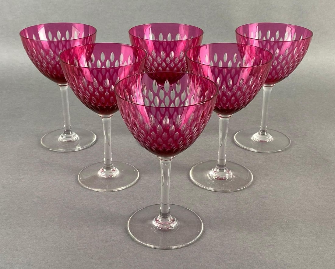 Group of 6 Baccarat Cranberry Cut to Clear Paris Cut Wine Glasses: All measure 6 1/4 inches tall.