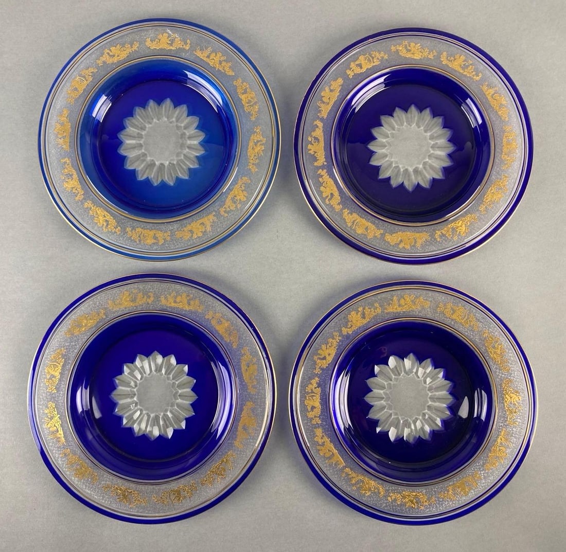 Group of 4 Val. St. Lambert Cobalt Blue Cut to Clear Crystal Plates (1 of 6)
