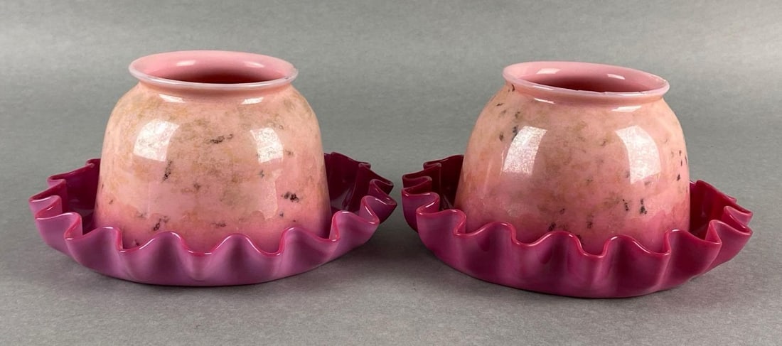 Pair of Pink New England Agata Ruffle Rim Glass Lamp Shades: Some small fleabites along rims, Both measure 3 3/4 x 6 1/2 x 6 1/2 inches.