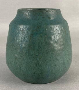 Arts and Crafts Blue/Green Glaze Pottery Vase: Firing crack on bottom, Measures 5 x 5 x 5 inches.