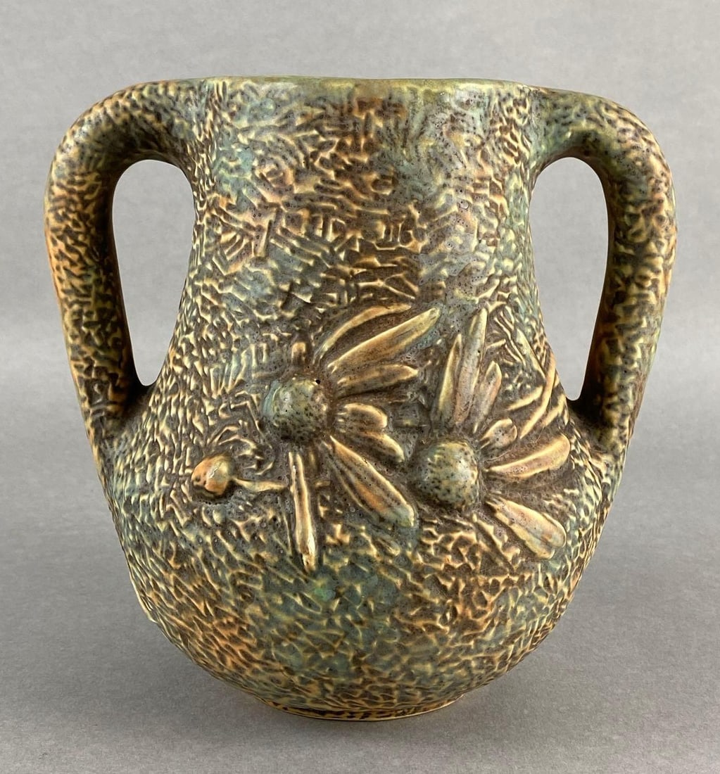 Vintage Textured Daisy Petal Amphora Pottery Vase: Measures 7 1/2 x 7 1/2 x 6 inches.