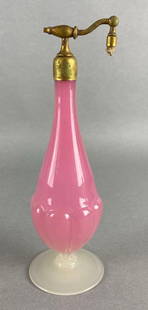 Steuben Pink Opalescent Glass Perfume Bottle: Some tarnishing on brass top, With frosted glass base, Measures 8 1/2 x 2 3/4 x 2 3/4 inches.