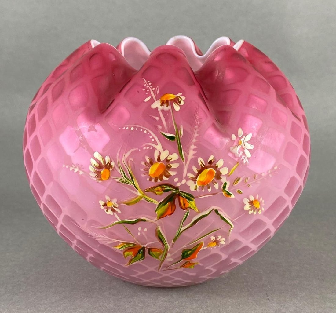Pink Satin Lattice Cased Glass Rose Bowl with Enameled Floral Accente: Hand painted enameled daisies, Interior needs cleaning, Measures 5 x 5 x 5 3/4 inches.