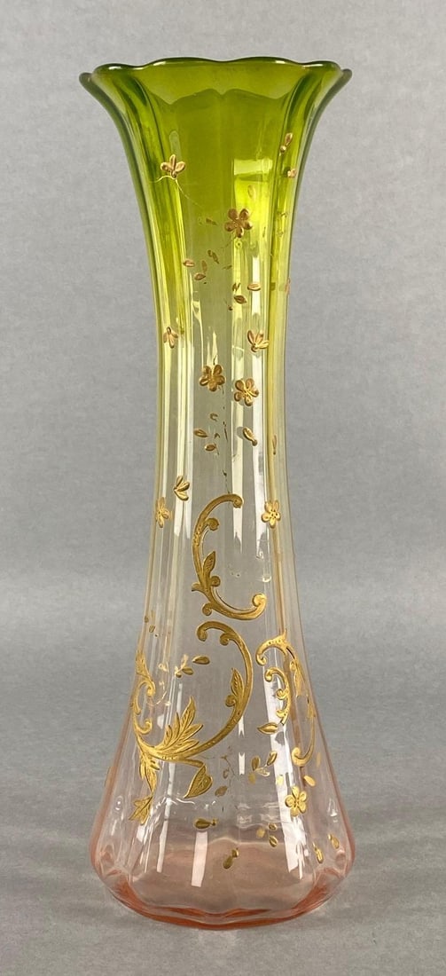 Austrian Art Nouveau Pink to Green Gilded Enamel Glass Vase (1 of 6)