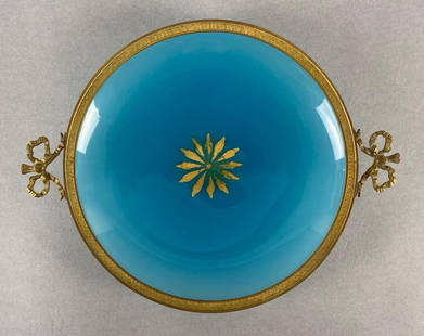 French Opaline Blue Glass Tray with Ormolu Details: Brass edge with ribbon handles, Measures 10 1/4 x 8 x 1 1/4 inches.