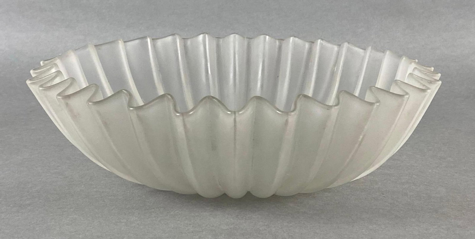 Frosted Satin Glass Ribbon Fluted Edge Fruit Bowl: Measures 10 1/2 x 10 1/2 x 3 inches.