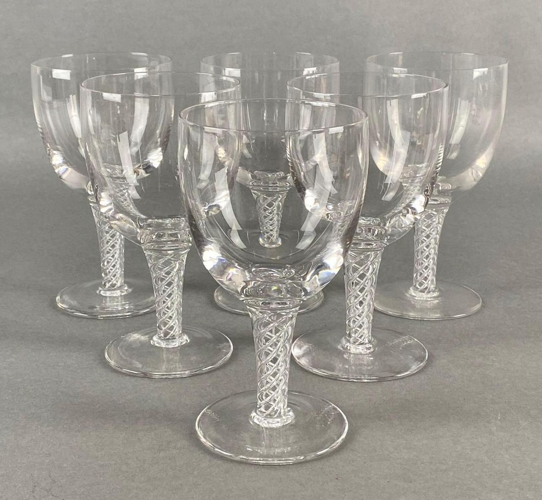 Set of 6 Stuart Clear Crystal Air Twist Smooth Stem Wine Glasses: Makers watermark on bases, Made in England, All measure 6 x 3 1/4 x 3 1/4 inches.
