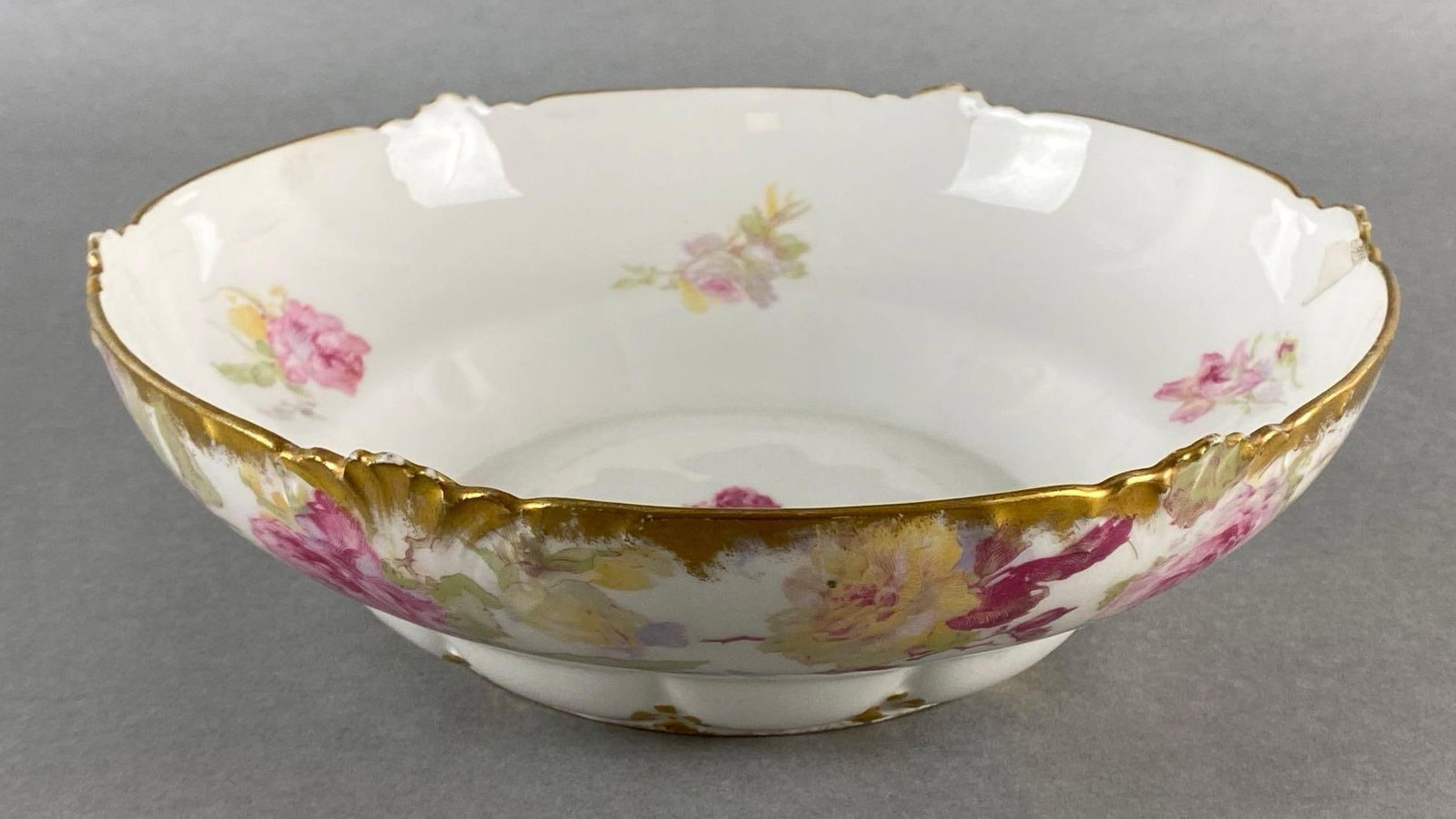 GDA Limoges French Painted Floral Porcelain Bowl: Makers mark on base, Measures 9 3/4 x 9 3/4 x 3 inches.