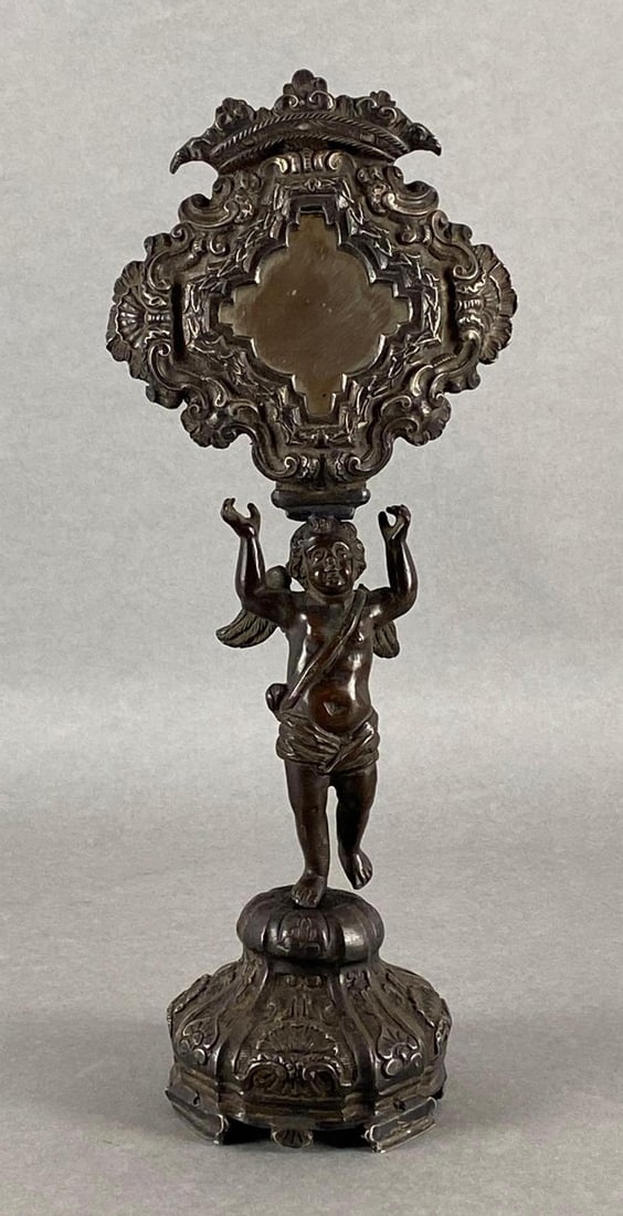Vintage Embossed Metal Cherub Table Mirror Reliquary (1 of 6)