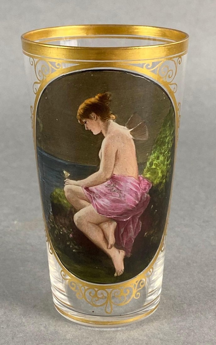 Lobmeyr Mythological Fairy Clear Glass Gold Gilt Painted Tumbler: Small bruise near base, Measures 4 x 2 1/4 x 2 1/4 inches.