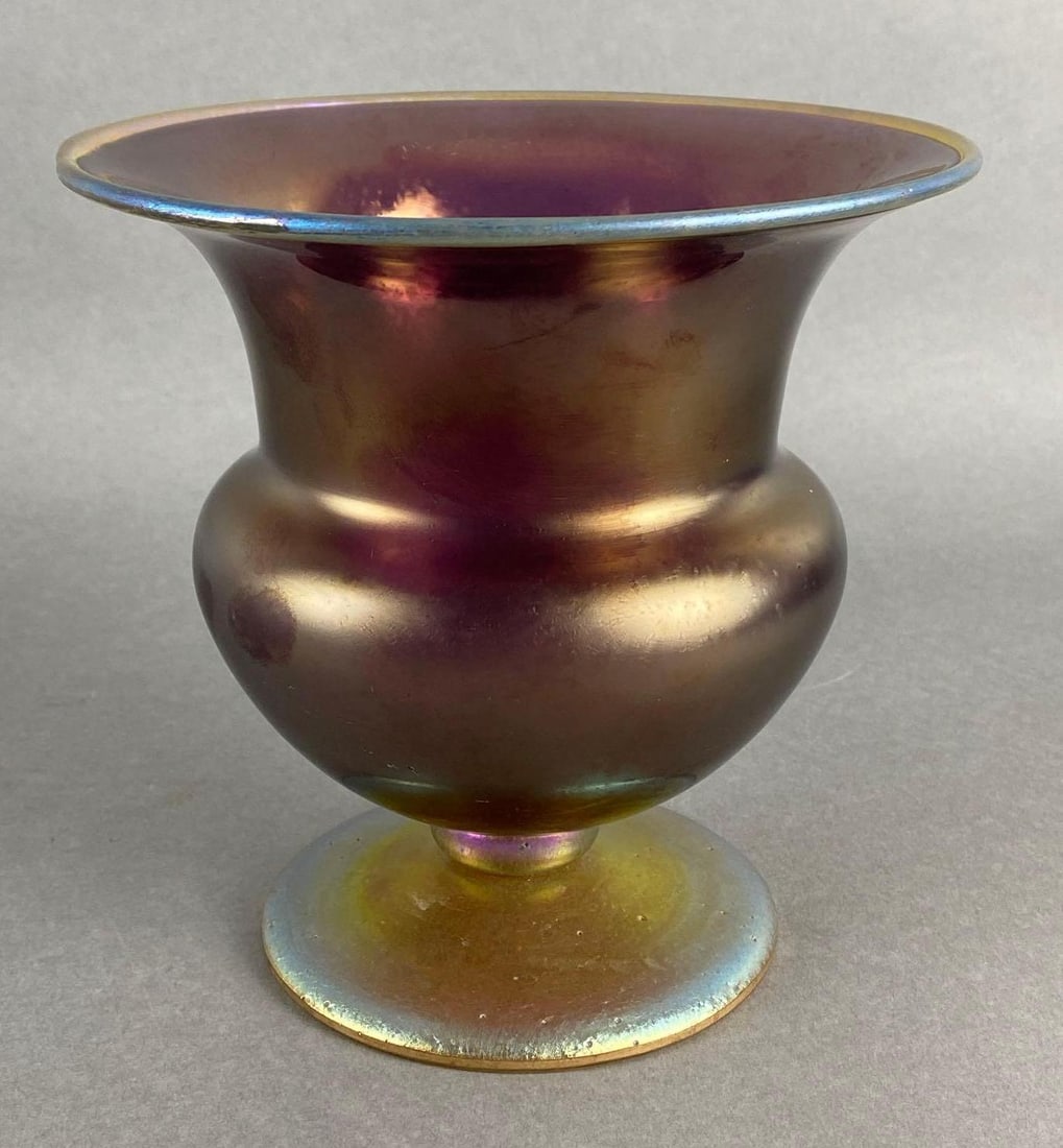 Czechoslovakia Amethyst Glass Vase with Gold Aurene Pedestal Base: Watermark on base, Measures 6 1/2 x 6 1/2 x 6 1/2 inches.