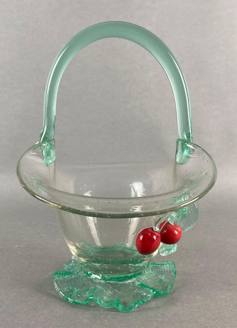 Loetz Aqua Glass Basket with Applied Glass Cherries: Reacts to UV light, Measures 9 1/4 x 6 x 8 1/2 inches.
