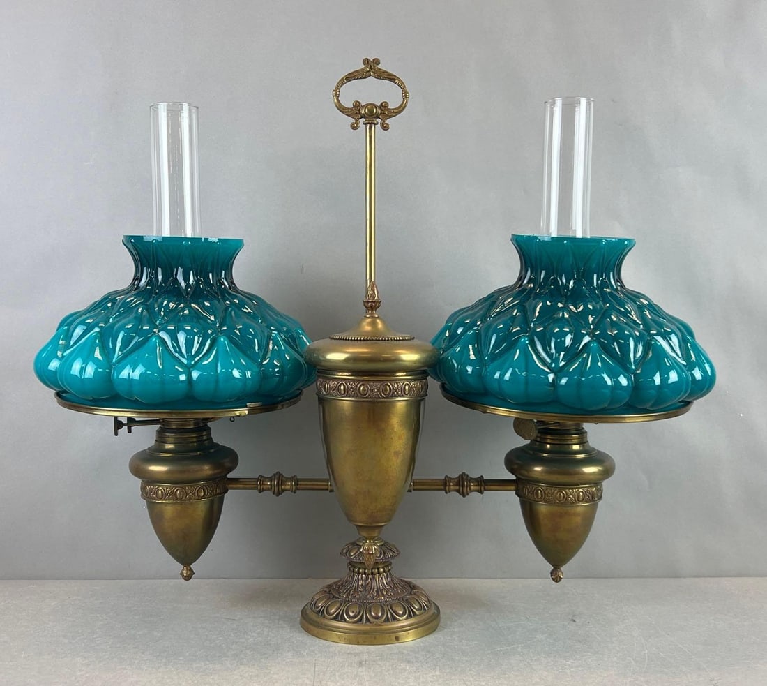 Antique Double Student Brass Lamp with Artichoke Shades Green Shades (1 of 13)