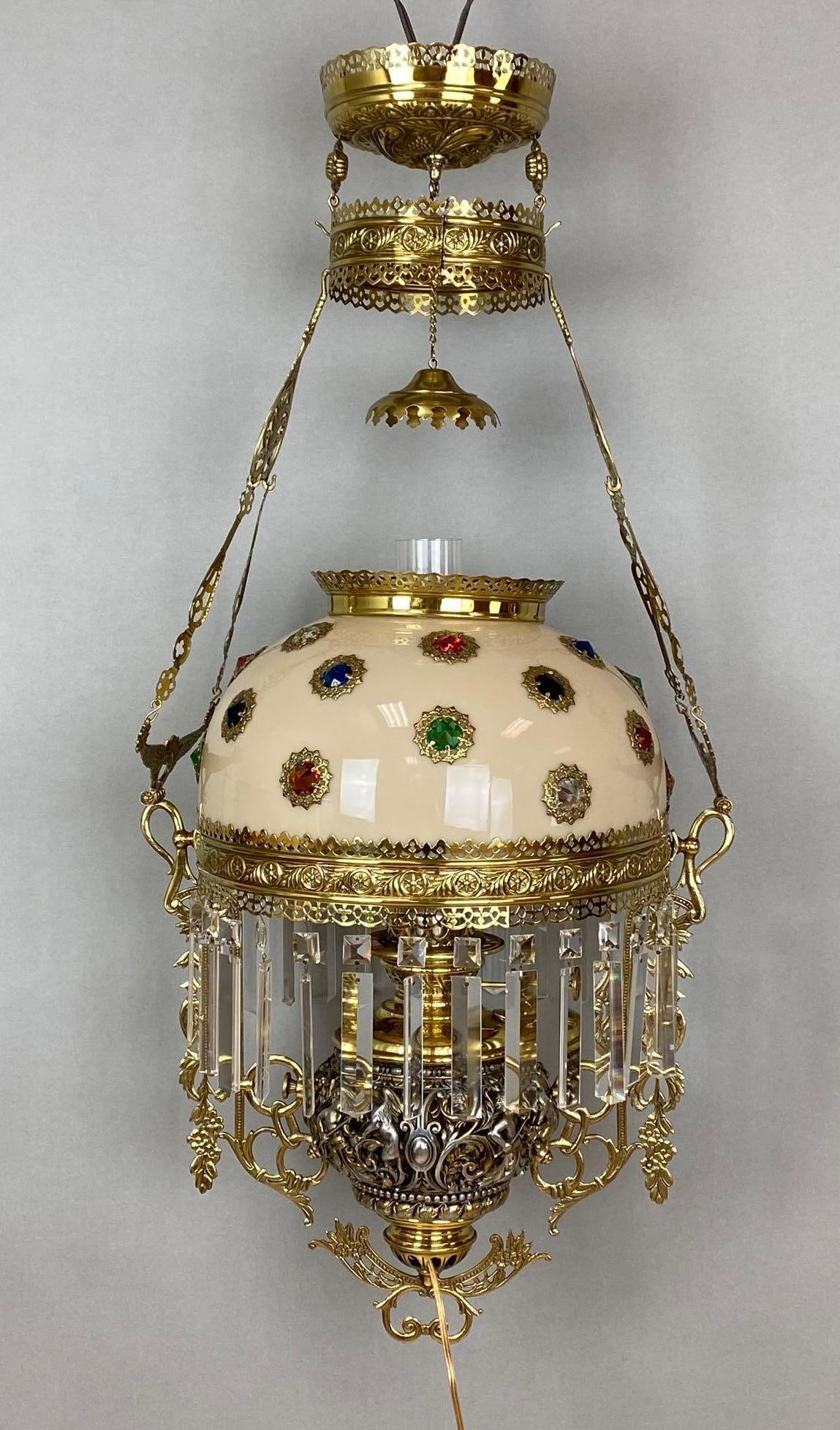 Victorian Electrified Brass Hanging Oil Lamp with Jeweled Shade (1 of 4)