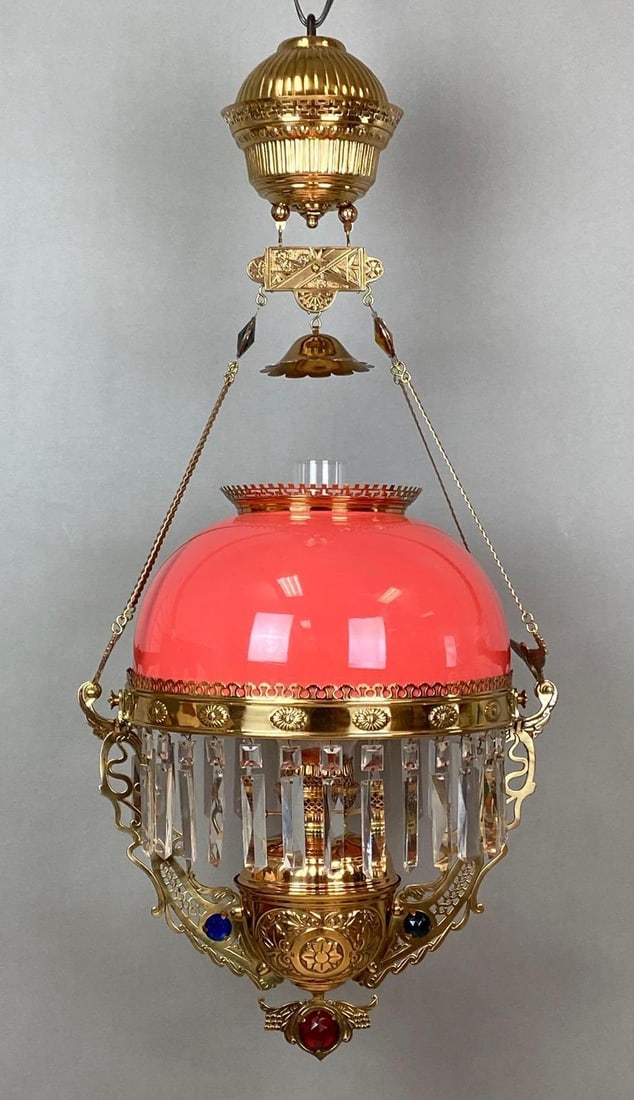 Victorian Brass Hanging Oil Lamp with Coral Cased Glass Shade (1 of 7)