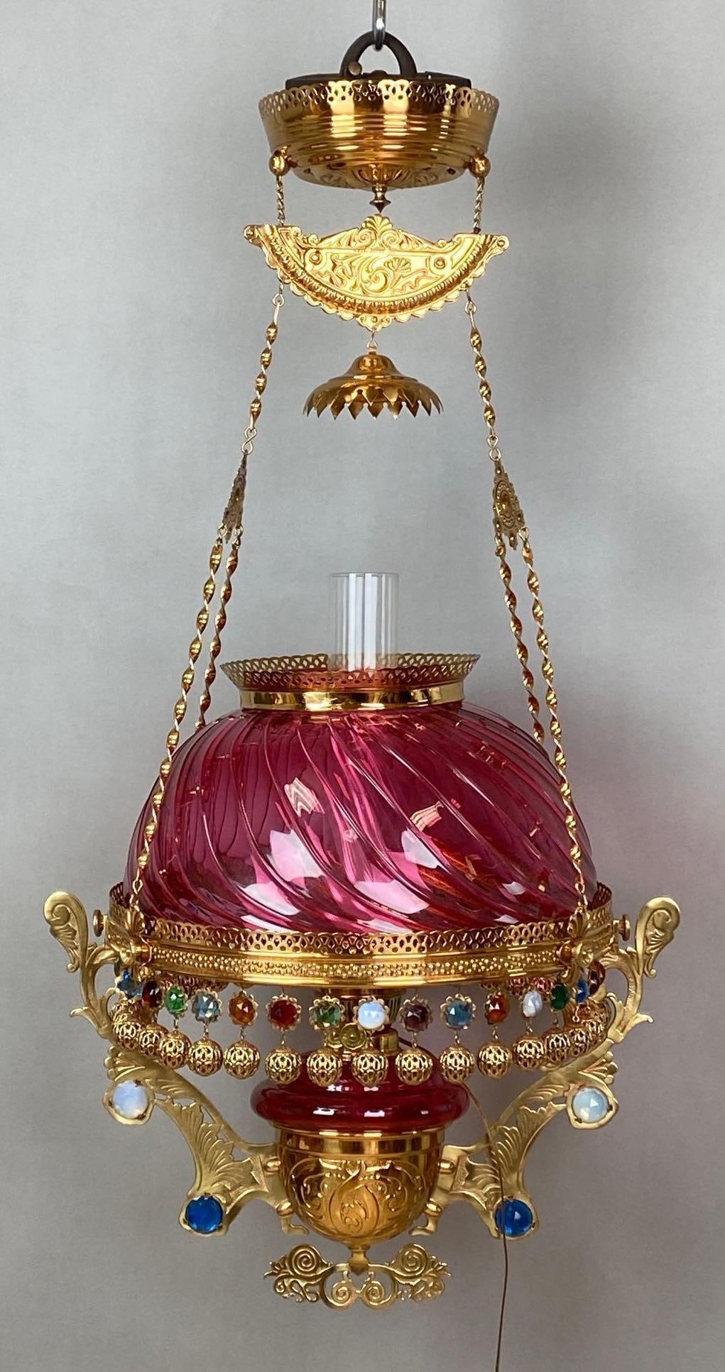 Victorian Electrified Brass Hanging Lamp with Cranberry Swirl Glass Shade (1 of 7)