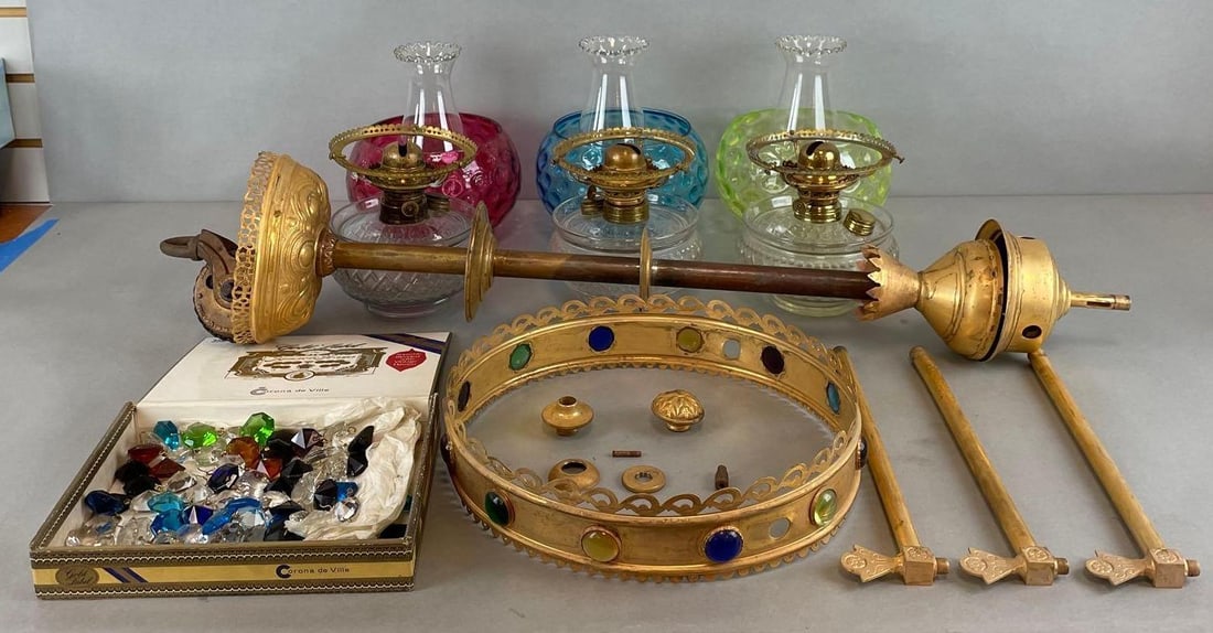 Victorian Brass 3 Arm Chandelier for Parts with Founts and Shades (1 of 5)