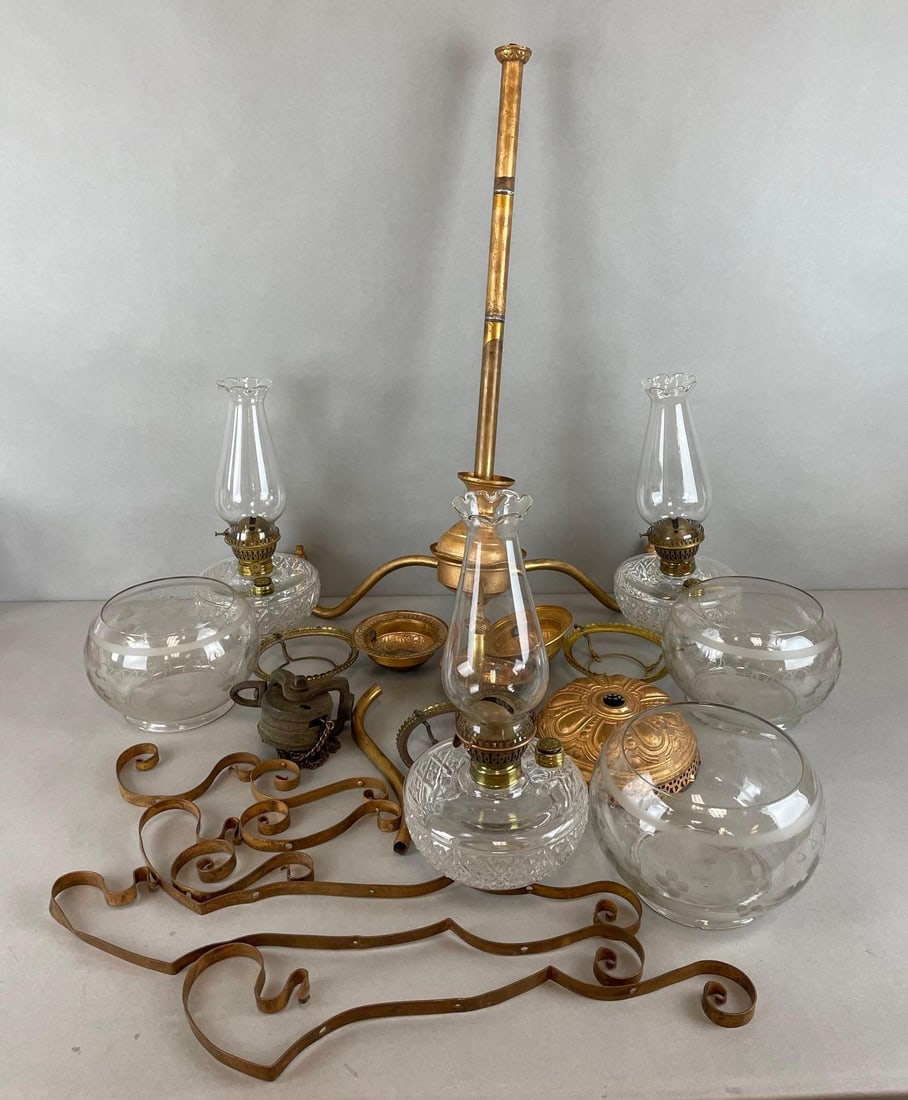 Victorian Brass 3 Arm Chandelier for Parts with Etched Glass Shades (1 of 5)