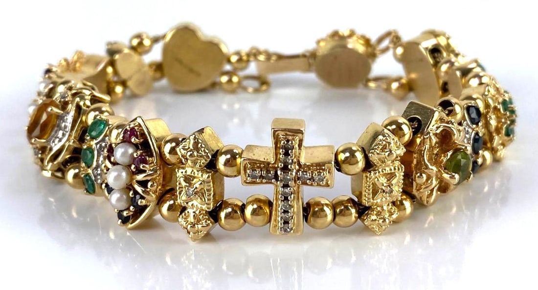 14K Gold Gemstone and Diamond Charm Bracelet (1 of 5)