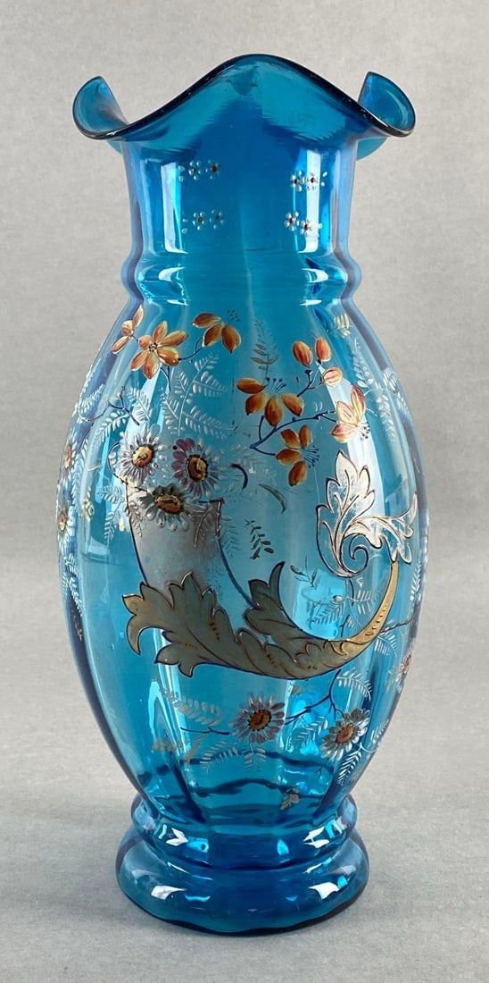 Victorian H.P. Sinclaire Blue Optic Rib Enameled Art Glass Vase (1 of 6)