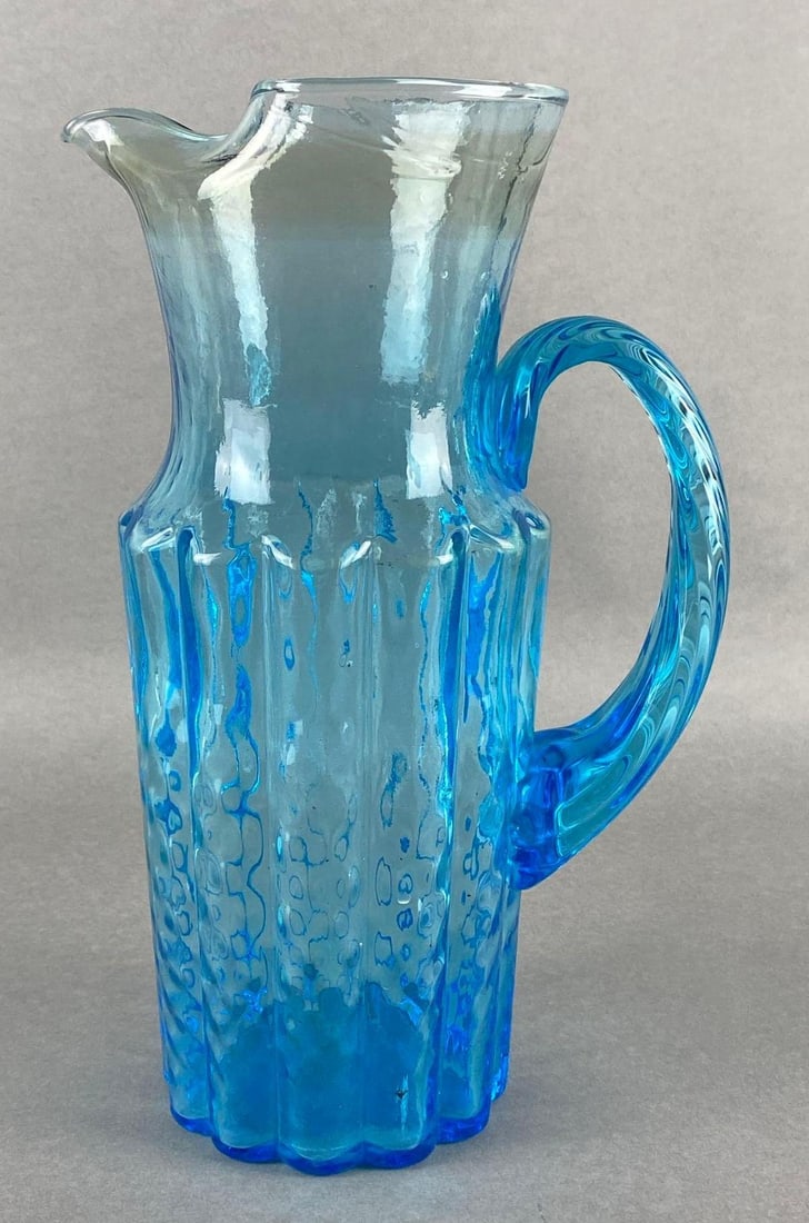 MCM Empoli Aqua Blue Ribbed Glass Pitcher (1 of 7)