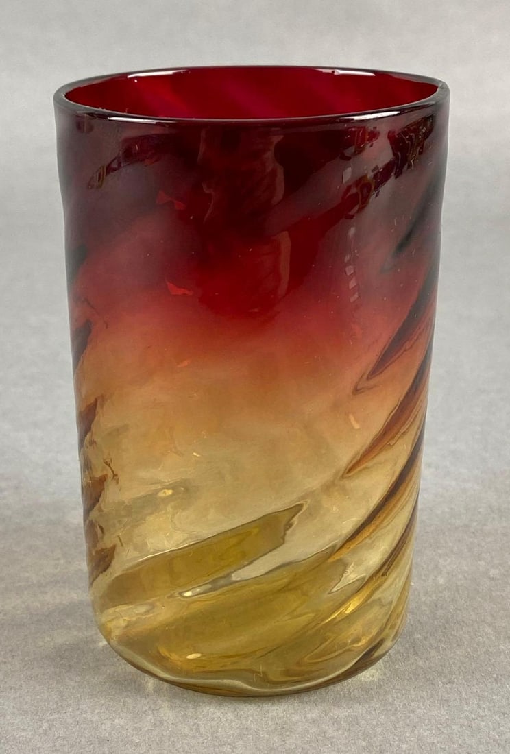 New England Amberina Swirl Glass Tumbler: Measures 4 x 2 1/2 x 2 1/2 inches.