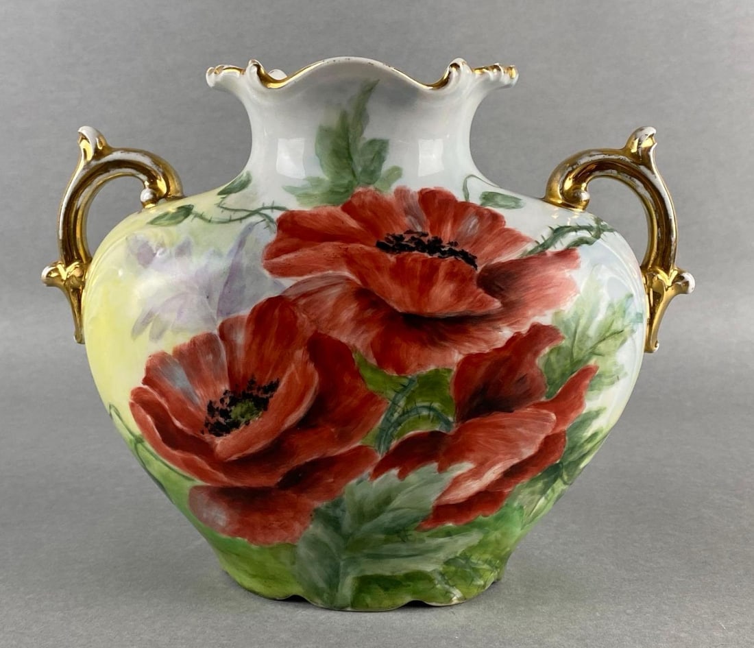 Jean-Pouyat Limoges French Hand-Painted Poppies Porcelain Amphora Vase: Makers mark on base, No. 544 on base, With gold gilt painted accents, Measures 7 1/2 x 10 x 4 1/2 inches.