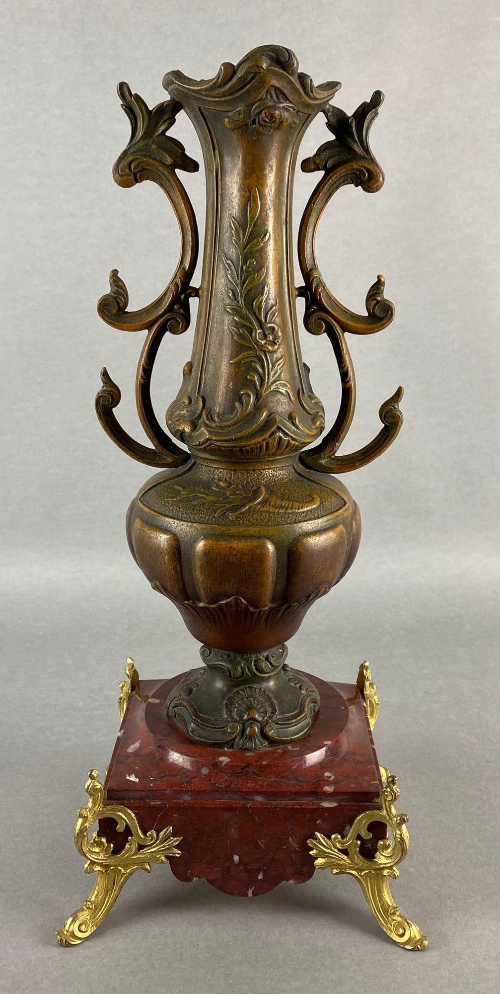 Antique French Cast Metal Vase mounted to Hardstone Pedestal Base (1 of 7)