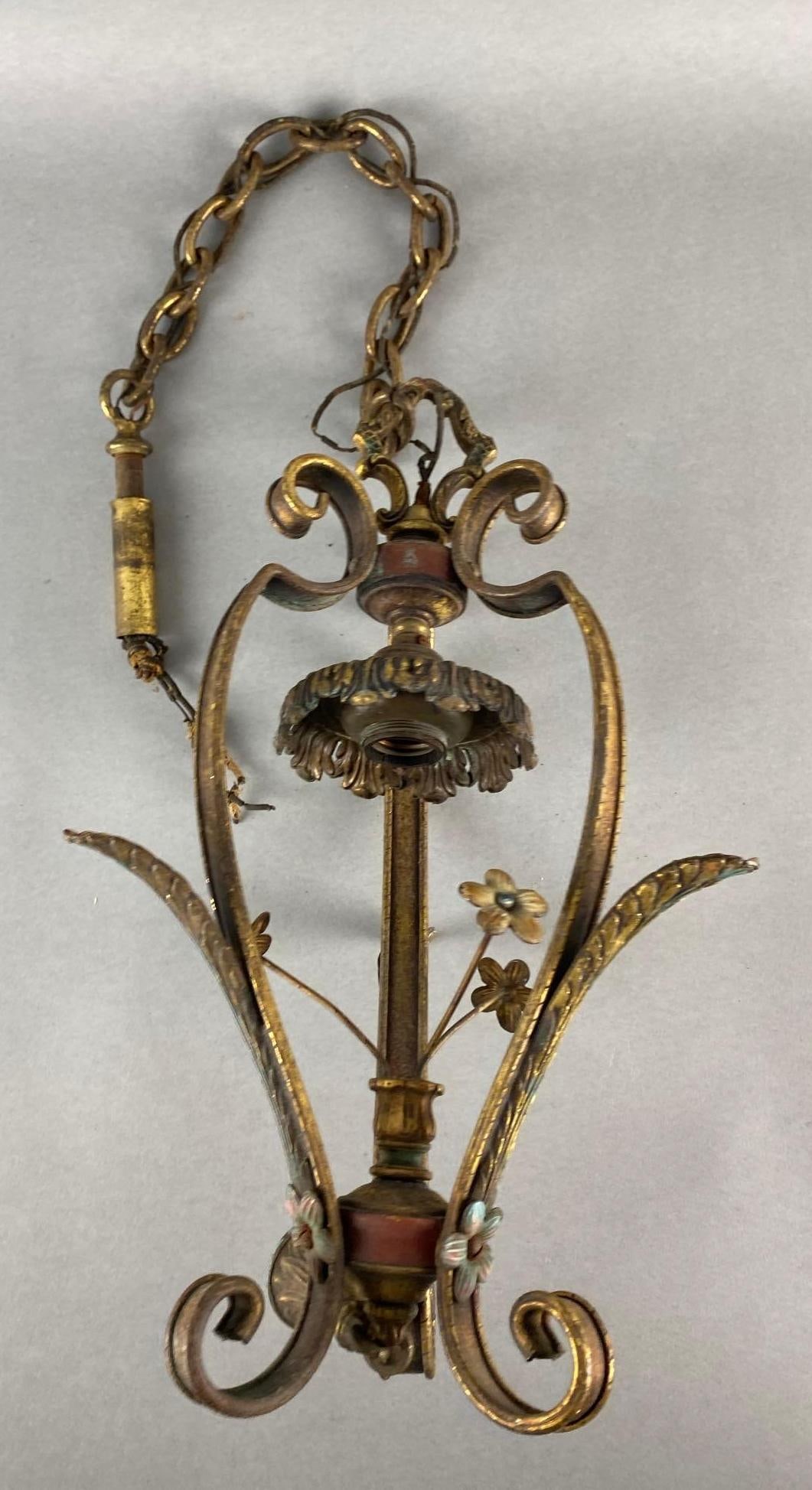 Vintage Brass Electric Hanging Floral Chandelier: Wired, Untested, With metal floral accents, Measures 36 x 8 1/2 x 8 1/2 inches.