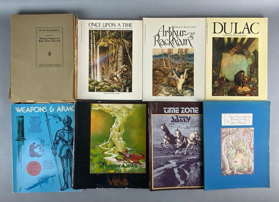Group of 8 Story Books and More: Includes Once Upon a Time, Arthur Rackham, Dulac, Weapons and Armor, and more, Largest measures 12 x 8 3/4 inches.