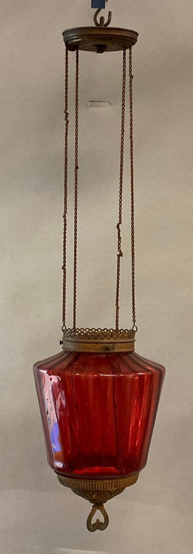 Antique Brass Cranberry Glass Hanging Lamp (1 of 5)