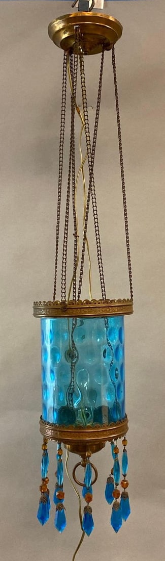 Vintage Brass Blue Coin Dot Glass Hanging Lamp: With hanging prisms, Measures 35 x 7 1/2 x 7 1/2 inches.