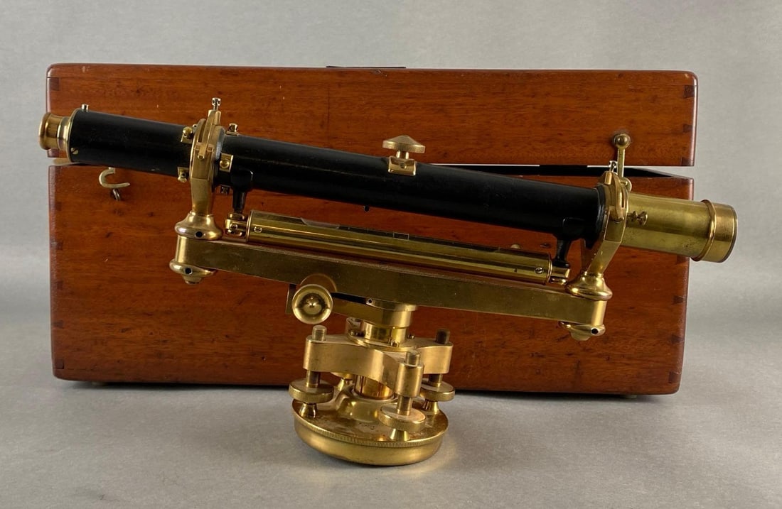 Buff & Berger Surveying, Engineering, & Astronomical Instrument: Repaired by J.C. Ulmer Co., Cleveland Ohio, With original case, unknown working condition, Case does not fully close, Case measures 11 x 20 x 6 1/2 inches.